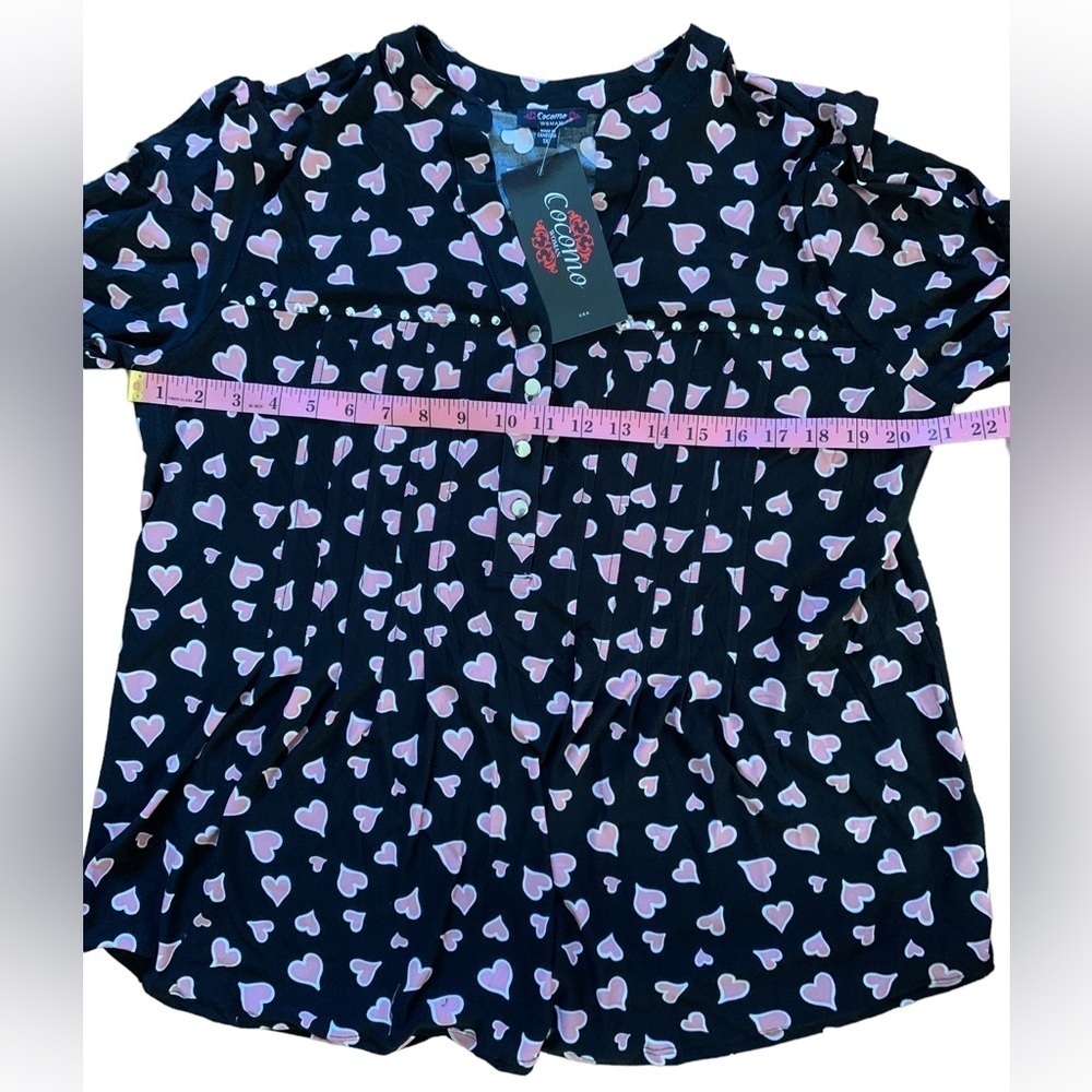 COCOMO 1X Black Pink hearts Plus Size 3/4 sleeve women’s Pintuck tunic blouse - Picture 12 of 13
